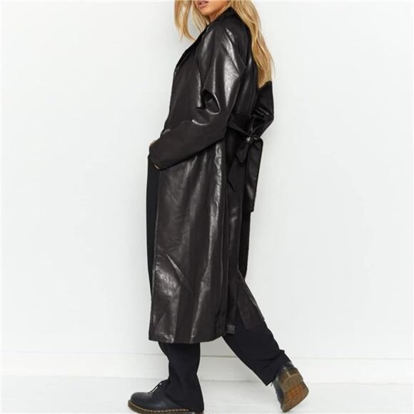 Black Faux Leather Long Trench Coat Lapeled Open Front Moto Blazer Jacket - Picture 4 of 8